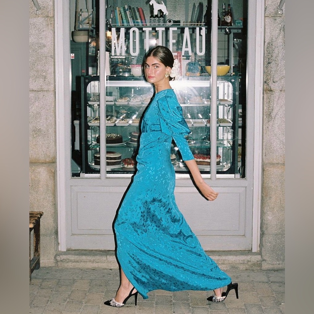 Redondo Blue Dress Long Elegant Puff Sleeve Spanish Designer XS long sleeve maxi